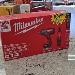 Milwaukee M18 Brushless 1/2" Impact & M12 3/8 Ratchet Kit NEW SEALED 