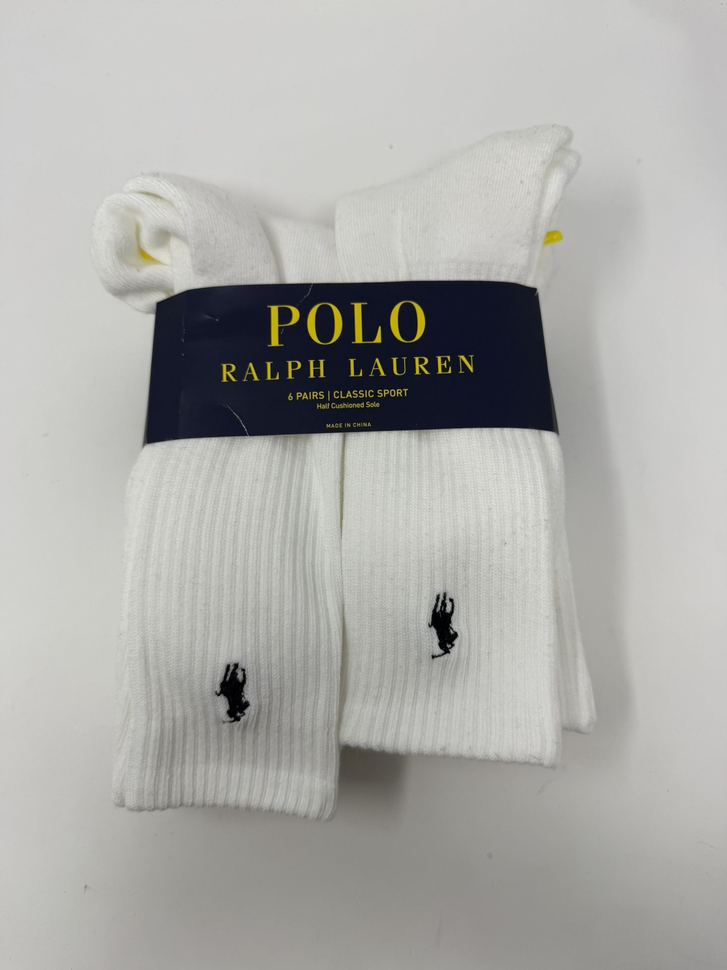 Polo Ralph Lauren Men's White Classic Sport Crew Socks 6-Pack Blue Pony (10-13)