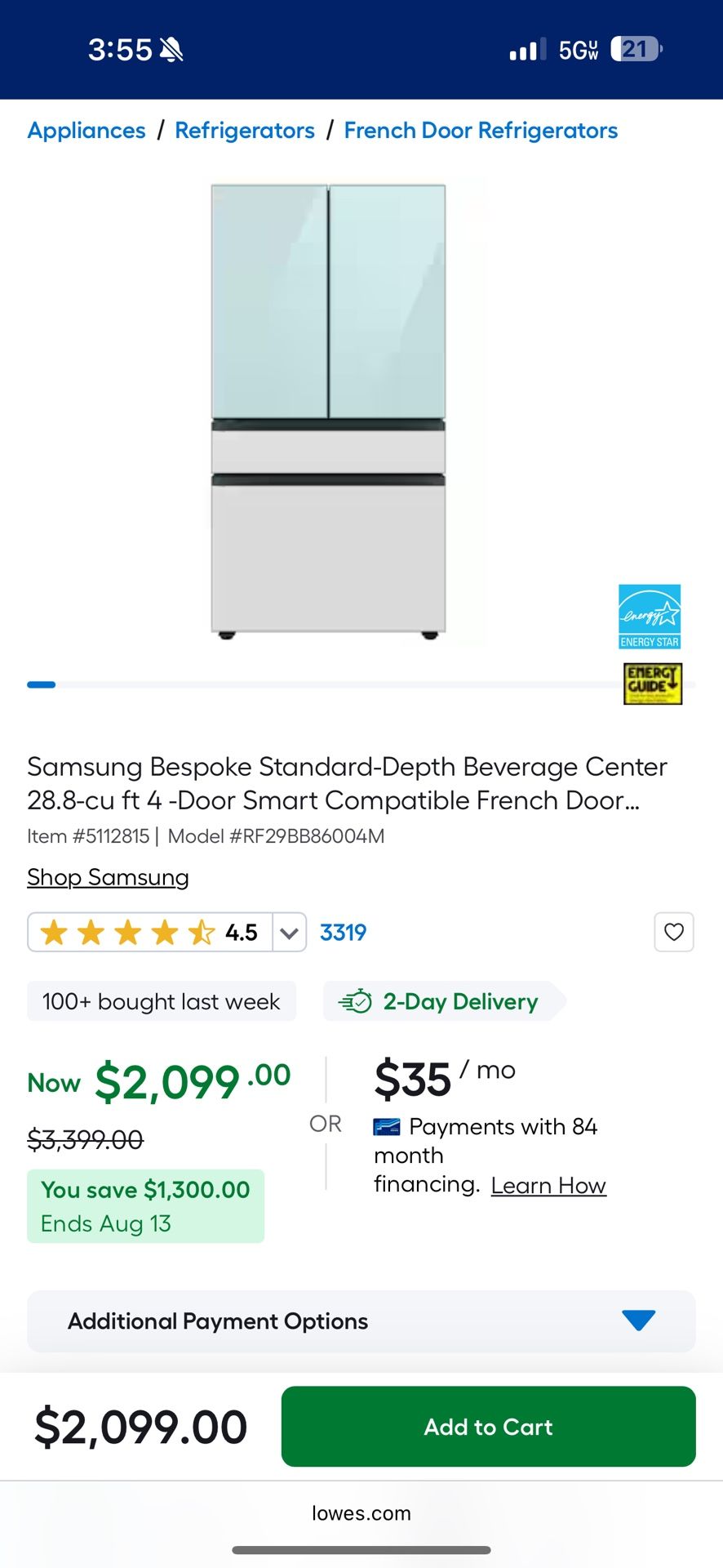 Samsungw Bespoke refrigerator with Lowe’s transferable protection