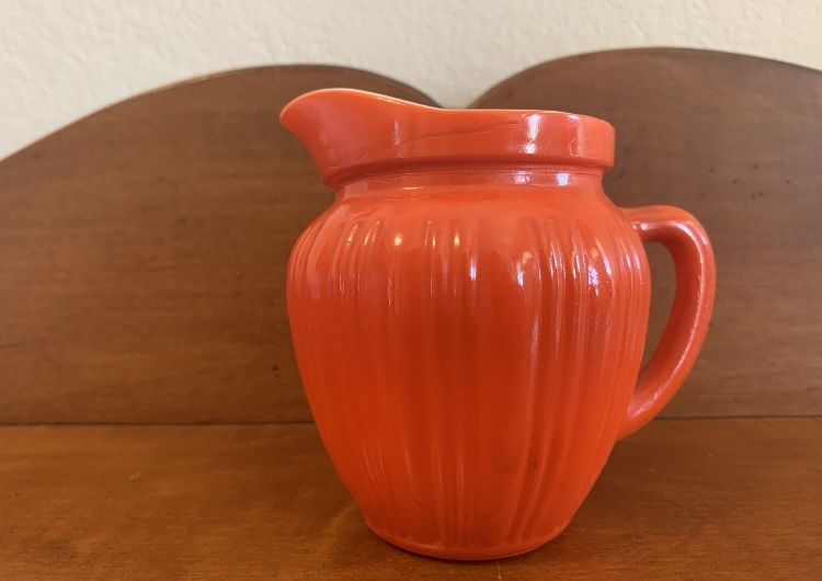 Vintage Hazel Atlas Small Red/Orange Platonite/Milk Glass Ribbed Pitcher 4” T x 4.5” W x 3.5” D