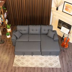 97" x 59" 3-Seats Sleeper Sectional Sofa Bed W/ Chaise Storage, Pull Out Sleeper
