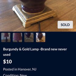 Not sold - Burgundy & Gold Lamp -Brand new never used