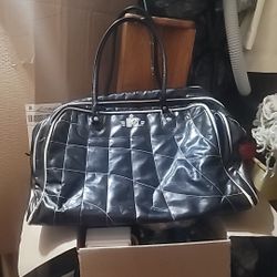 MTV Duffel Carry Bag Black Quilted Faux Leather White Stitch Vintage Retro Purse