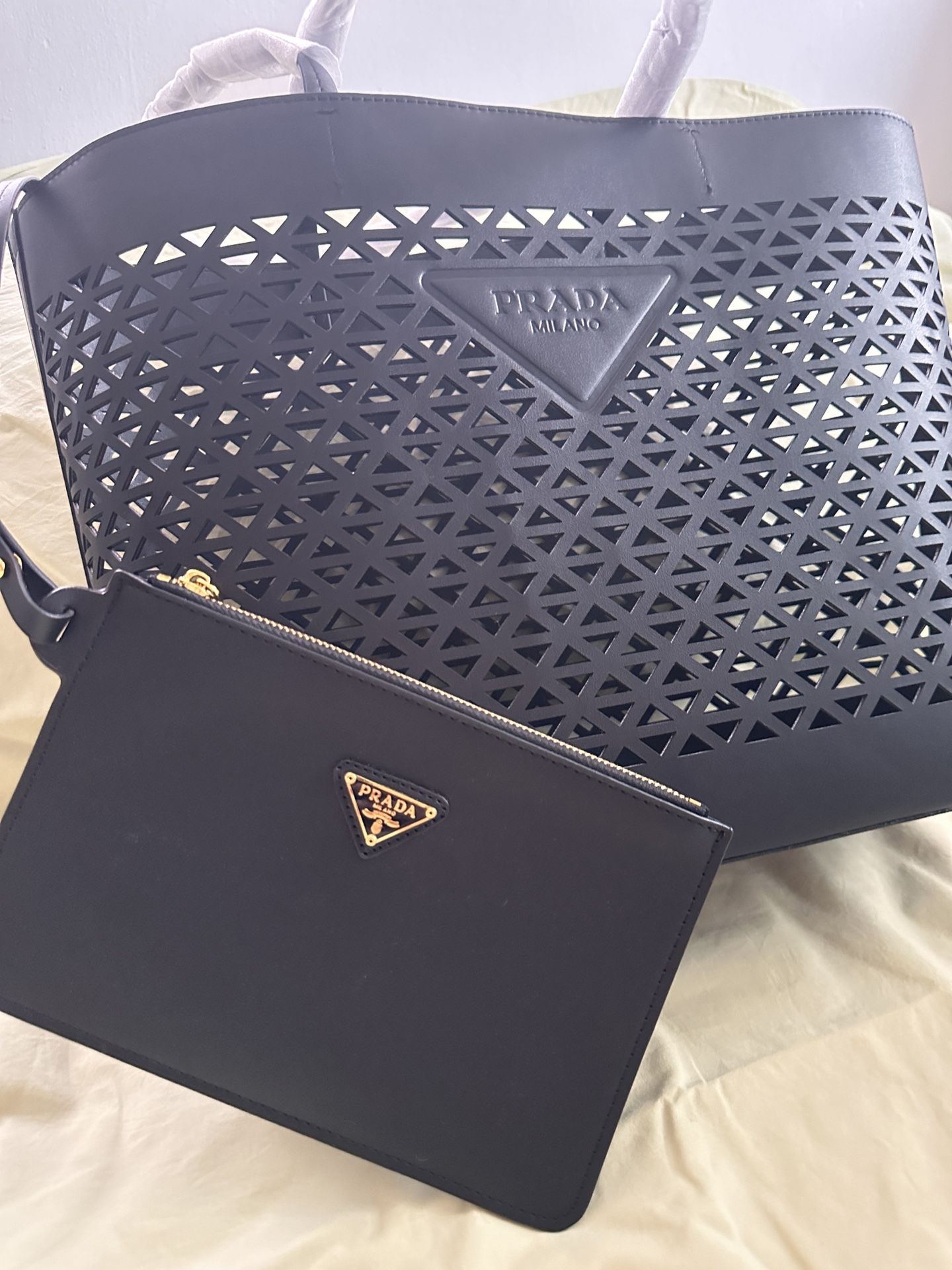 Prada Cut Out Leather Shopping Tote Bag Black