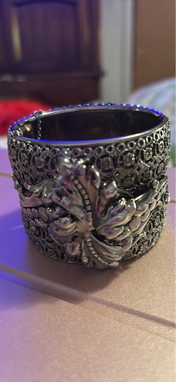 Wide Silver Tone Cuff Bracelet with Floral Detail