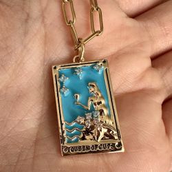 Queen Of Cups Tarot Card Charm Pendant Gold Necklace (retail $120)