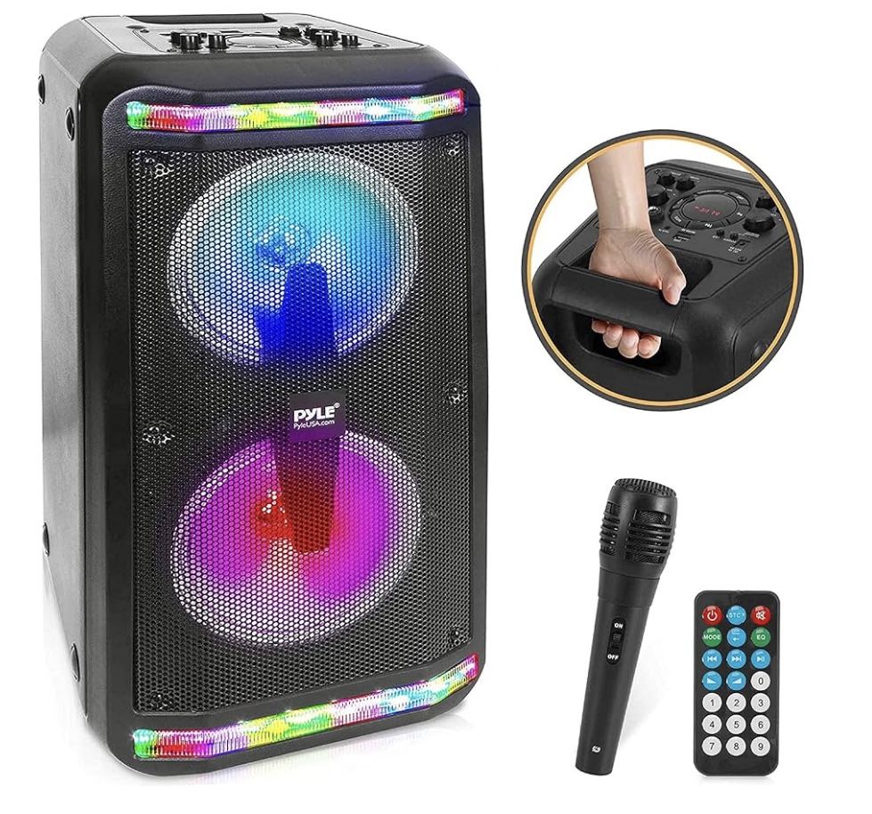 Pyle Bluetooth Speaker & Microphone System - Portable Stereo Karaoke Speaker with Wired Mic, Built-in LED Party Lights, MP3/USB, FM Radio (6.5’’ Subwo