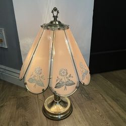 Vintage Brass Plated Pink Touch Table Lamp W/ Floral Glass Panels 23"