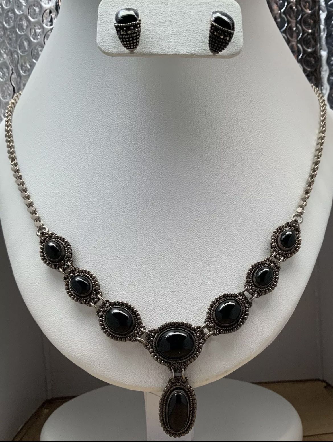 925 sterling silver Black Onyx Necklace  Choker With Earrings Vintage