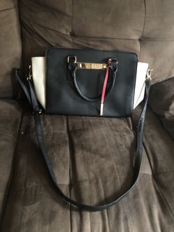 Black, red, and white tote bag