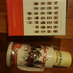 Red and white beer stein mug