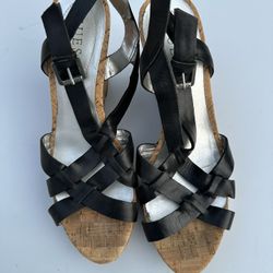 Guess Sandals Womens 8 1/2 Brown Cork Wedge Strappy Buckle Open Toe