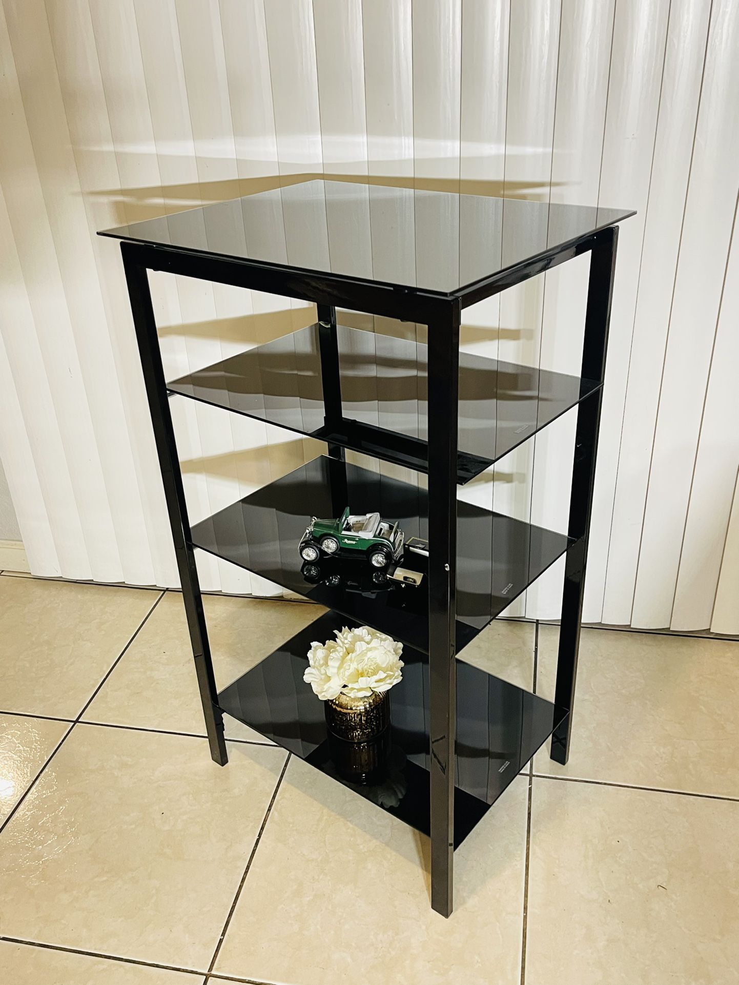 Side Table .Shelves.4-Tiers Media Component TV Stand Audio Video Tower Tempered Glass Shelves