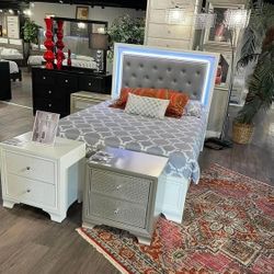 4PC LED Bedroom set Dresser Mirror Night stand King or Queen size bed frame