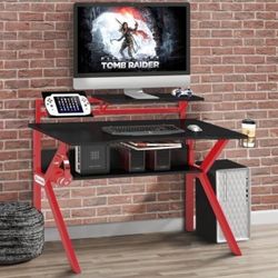 NEW – The Urban Port UPT-215118 Gaming Desk, Black & Red, Metal Frame, Dual Shelves, 47″ Wide