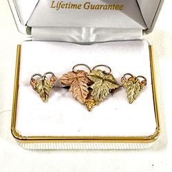 Rare find never worn 14 karat gold leaf design earrings with matching gold broach pin