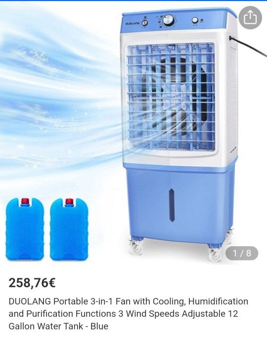 Portable 3-in-1 Fan with Cooling, Humidification and Purification Functions 3 Wind Speeds Adjustable 12 Gallon Water Tank - Blue
