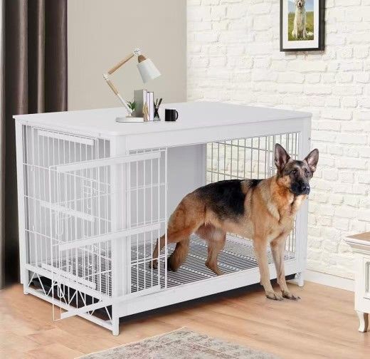 Dog Crate Furniture, 44.1" Wooden Side End Table, Modern Dog Kennel with Double Doors, Heavy-Duty Dog Cage w/Pull-Out Removable Tray, Indoor Medium/La