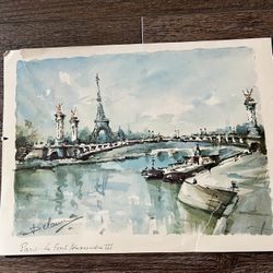 Delaun Vintage Watercolor Print Paris le Pont Alexandre III, Signed 9/12 Inch