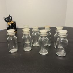 TCW Co. USA 1950s  8 Small Clear Apothecary Bottles With Frosted Stoppers, 1.5x3.5”