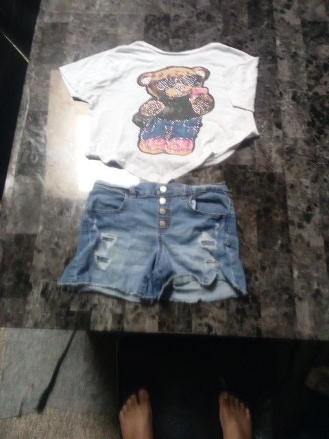White Crop Top With Jean Blue Shorts.