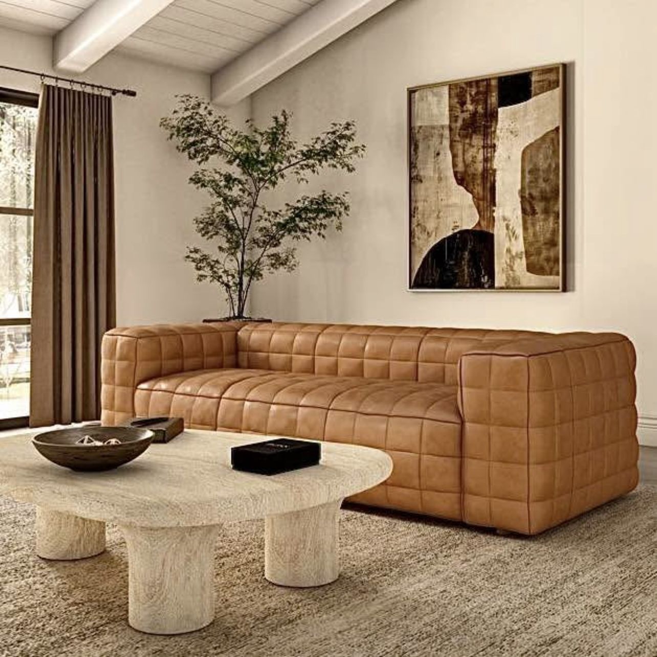 Free Delivery NEW IN-BOX Moe’s Home Callan Sofa in Tan Caramel 100% Leather (MSRP $6,399+tax) 