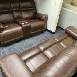 Dual Sofa & Loveseat (Electronics/Console **Included**) - Brown Leather