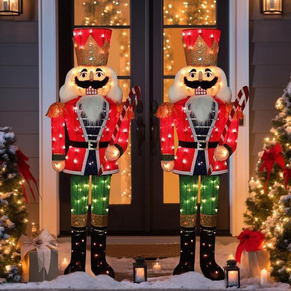 Set of 2,5 ft. 3D Nutcracker Outdoor Christmas Holiday Yard Decoration Warm White Light