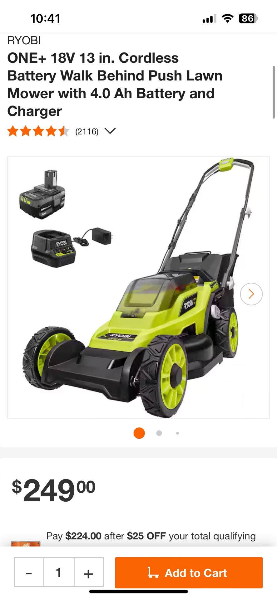 RYOBI 18V 13 In. Cordless Battery Walk Behind Push Lawn Mower With Battery And Charger $200