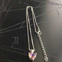 Silver Tone Box Chain Necklace With Faceted Iridescent Glass Heart Pendant