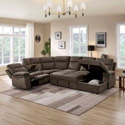 Brand New Brown Super Plush Chenille Power Reclining Sectional Sofa Storage Sleeper