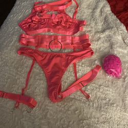 7 Piece Pink Lingerie Set With Pink Fishnets