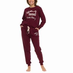NWT Keith Haring Women's 2 Piece Fleece Lounge Pajama Set, (Burgundy Small )