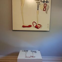 Large Painting and matching table with glass top.
