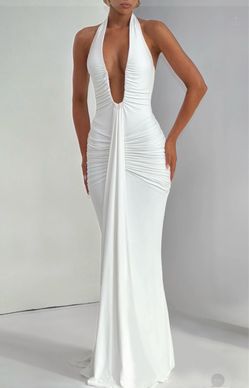 White Halter Neck Ruched Maxi Dress