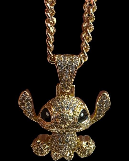 Iced Out 18K Gold Filled Disney Stitch Pendant Necklace