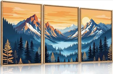 New Boho Abstract Blue Orange Mountain Wall Art Framed,Large Canvas Decor set of 3 (16”*24”) Prints