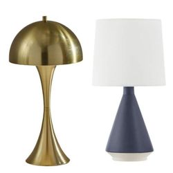 Hampton Bay 15.125 in. Navy Ceramic Table Lamp with White Fabric Shade & 17 in. Metal Dome Table Lamp Brass
