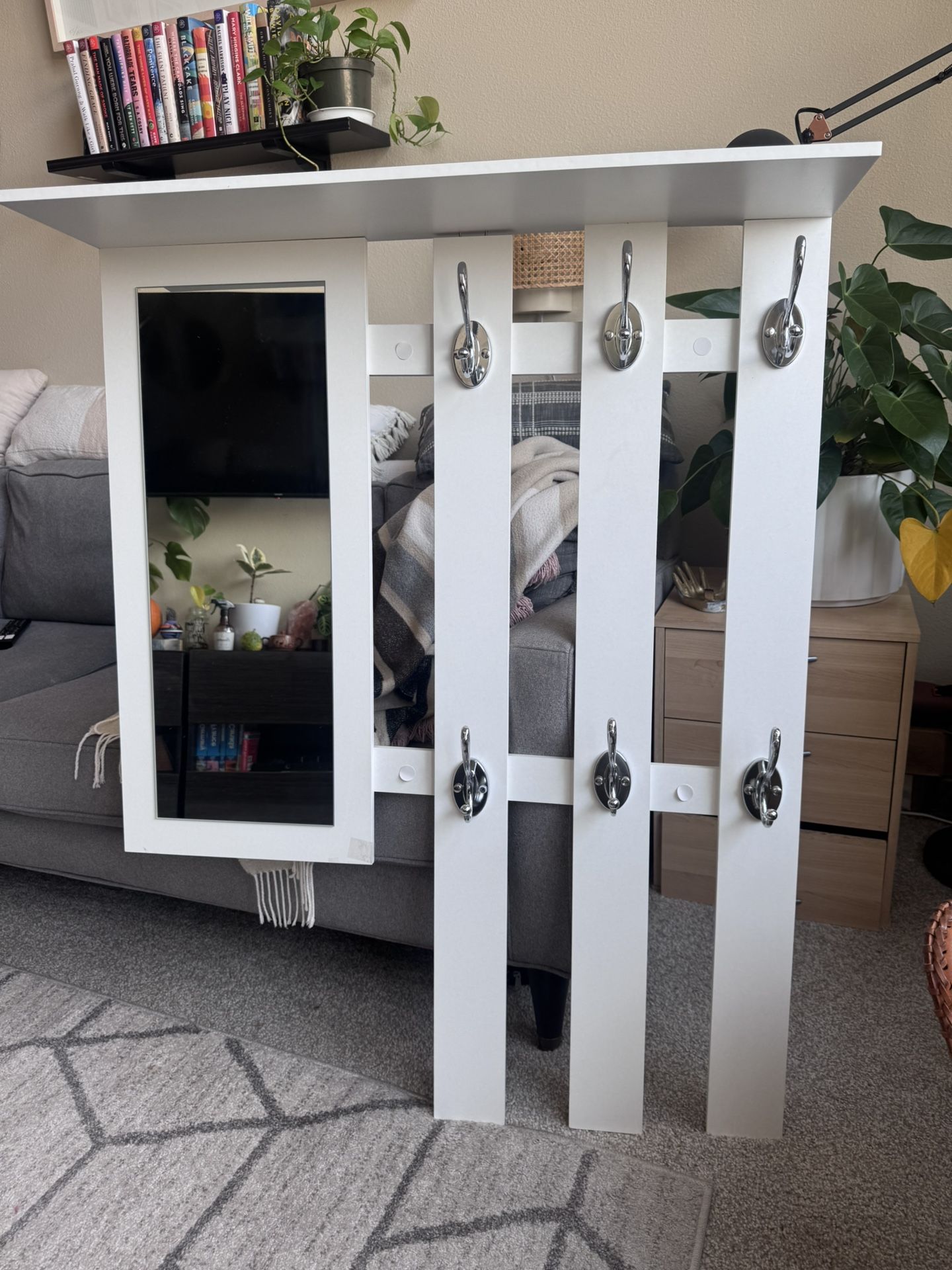 Wall Mounted Coat Rack + Mirror – 6 Hooks – Modern White – 34” x 39