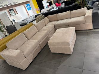 Large Cream Corduroy Modular Sectional Sofa with Ottoman ‼️Last One Only $1,399‼️