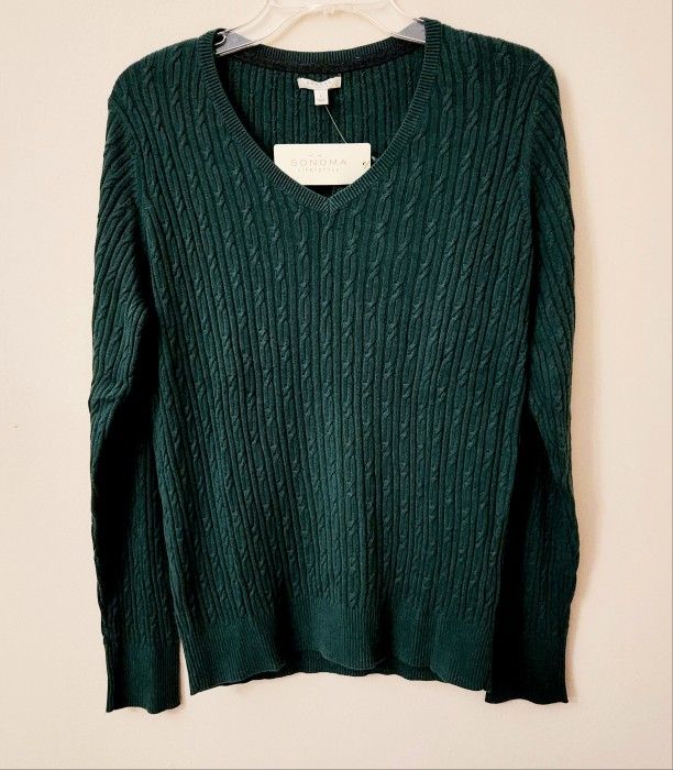 Vtg Sonoma Hunter Green V Neck Cable Knit Sweater W/LG NWT