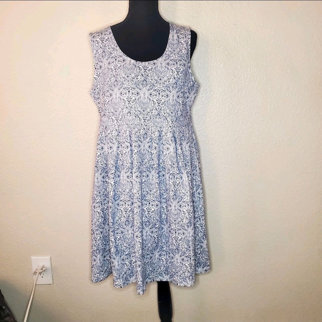 Chadwicks Womens Blue/white Paisley Damask Sleeveless Dress Size: Petite Large