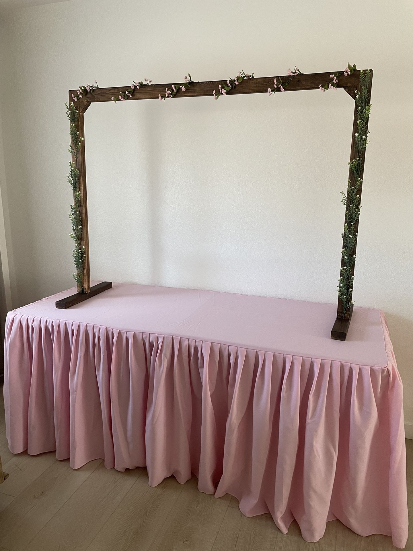 Pink Tablecloth & Desert Wood Frame Arch Food Table party decoration wedding birthday $185 obo