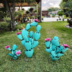 Turquoise Metal Nopal Cactus (Yard Art) Clay Pots, Talavera Planters,Plants, Pottery