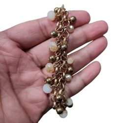 Gold Toned Cream Dangles Beaded Bracelet