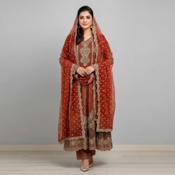Pakistani Indian Women's Bridal Formal Long Dress - 3-Piece, Rust