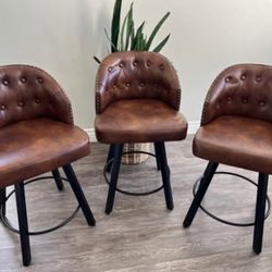 Counter Height Bar Stools Set of 3, 26" Swivel Faux Leather Upholstered Bar Stools with Backs and Me