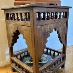 Vintage Moroccan Hand-carved Accent Table In Solid Wood 