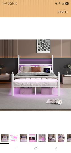 CLIBFENG Full Size Bed Frame with Headboard and Footboard,Steel Slats Support-LED Bed Frame with USB Charging Station,Mattress Foundation-Under Bed St
