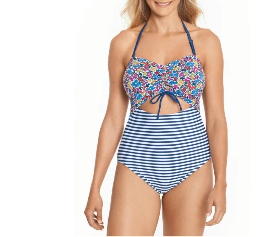 Time and Tru Floral and Blue Striped One-Piece Swimsuit Sz L (12/14)